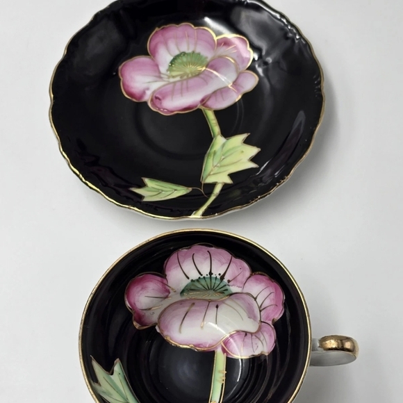 Japan Black Pink Floral Fine Bone China Teacup and Saucer - Picture 2 of 11